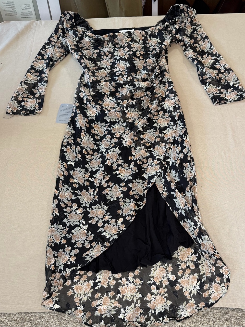 Lush Black Off-Shoulder High-Low Floral Wrap Dress with Cream & Tan Flowers